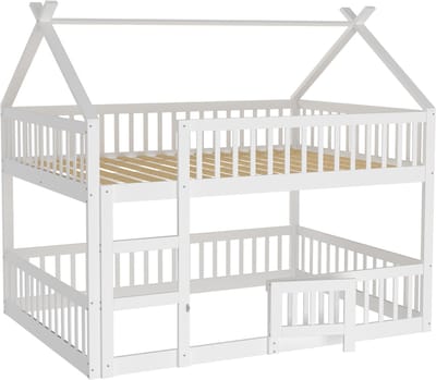 MIVRAY Kinder Stapelbed 140x200cm - Hoog Laag Ontwerp Met Trap En Deurtje - Ruimte Voor Slapen Spelen Leren - Hout - Wit - Zonder Matras