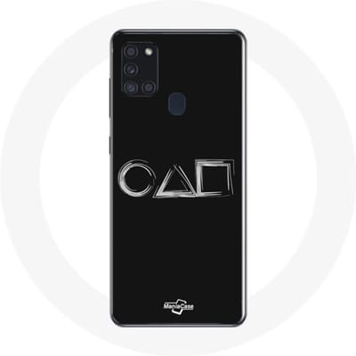 Samsung Galaxy A21S hoesje Squid Game logo symbolen vierkante cirkel driehoek zwarte achtergrond zwart