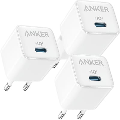 Anker 512 Nano Pro Oplader - 20W USB-C - PowerIQ 3.0 - Actieve Temperatuurregeling - Wit/Zilver [3-pack]