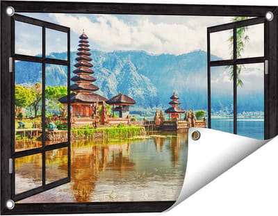 Gards Tuinposter Doorkijk Pura Tempel in Bali op het meer Beratan - 60x40 cm - Tuindoek - Tuindecoratie - Wanddecoratie buiten - Tuinschilderij