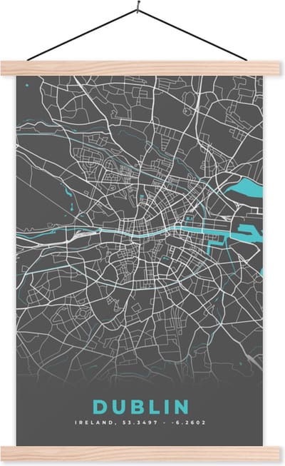 Posterhanger incl. Poster 40x60 cm - Schoolplaat - Dublin - Stadskaart - Plattegrond - Kaart - Blauw - Textielposter - Blanke latten - Stadskaart