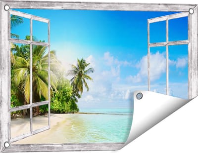 Gards Tuinposter Doorkijk Tropisch Strand bij de Licht Blauwe Zee - 60x40 cm - Tuindoek - Tuindecoratie - Wanddecoratie buiten - Tuinschilderij