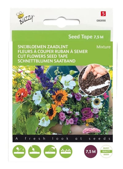 Snijbloemen mengsel Zaadlint – Buzzy Seed Tape - (Ook)-Voor in huis - Snijbloemen - bloeit in Oktober / Juni / Juli / Augustus / September