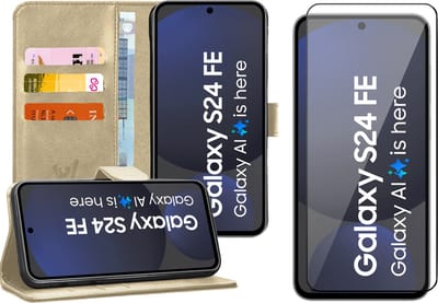 Hoesje geschikt voor Samsung Galaxy S24 FE - Screenprotector Volledig Dekkend Glas - Portemonnee Book Case Goud