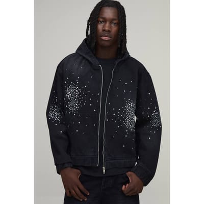 Boxy Rhinestone Gewassen Zwarte Denim Hoodie | Washed Black | Size Small