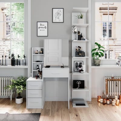 Make-up tafel - Kaptafel met spiegel - Schoonheidsproducten opbergen - Krasbestendig oppervlak - 80 cm breed - Wit