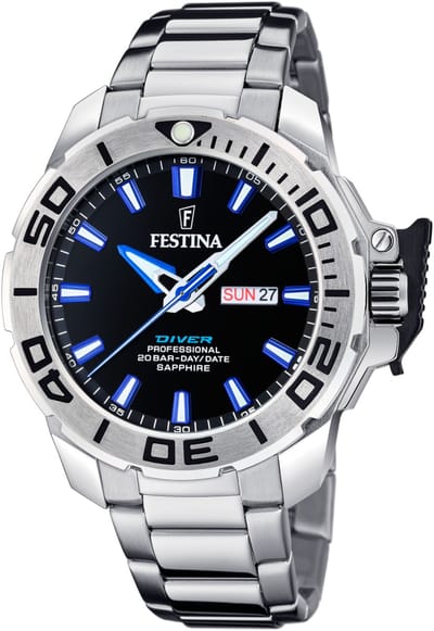 Festina F20665/3 Heren Horloge - Mineraalglas - Roestvrijstaal/Staal - Zilverkleurig - Ø 46.5 mm - Quartz - Vouw/Vlindersluiting - 20 ATM (duiken)