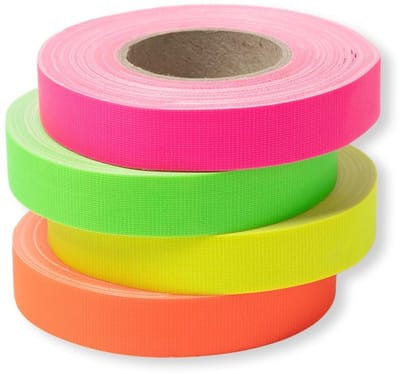 Tape, neon gekleurd kleefbandset van PE-gecoat weefsel, sterk hechtend Gaffa-tape met hoogwaardige rubberkleefstof, 4 rollen 15 mm x 12,5 m, geel, oranje, groen, roze