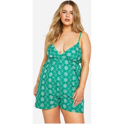 boohoo Dames Plus Broderie Contrast Playsuit | Groente | Maat: 54