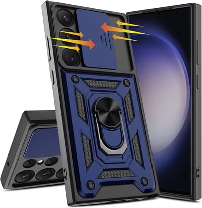 Hoesje Geschikt Voor Samsung Galaxy S23 Ultra hoesje met Ring Houder en camera bescherming - Blauw