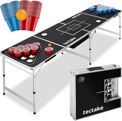 tectake® Beerpong Tafel met Bekerhouders en Koelvak - Bierpong Tafel in Hoogte Verstelbaar en Inklapbaar - Drankspel met Accessoires - 100x Plastic Bekers, 6x pingpongballen