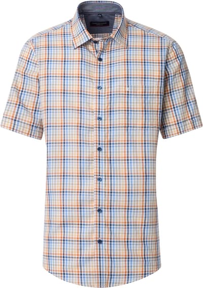CASA MODA Sport casual fit overhemd - korte mouw - dobby - wit met oranje - blauw en geel dessin - Strijkvriendelijk - Boordmaat: 39 - 40