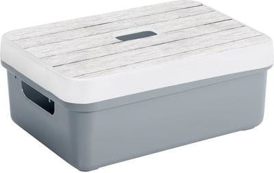Sunware opslagbox - 9 liter - blauw/grijs - kunststof - 35 x 25 x 12 cm - met afsluitbare deksel in houtnerf print
