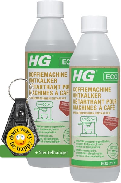 HG ECO koffiemachine ontkalker citroenzuur - 2 Stuks - 500 ml - de milieubewuste ontkalker voor uw espresso- en padkoffiemachines - inclusief sleutelhanger