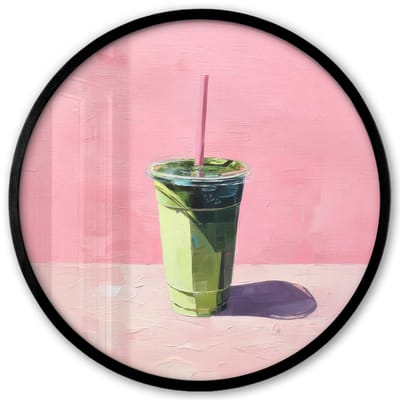 Poster in lijst Rond - Fotolijst 40x40 cm - Posters - Beker - Rietje - Minimalistisch - Groen - Ronde posterlijst zwart - Decoratie - Wanddecoratie woonkamer - Muurdecoratie slaapkamer