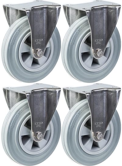 200 mm (8") roestvrijstalen zwenkwiel met grijs rubber, vast, 820 kg, set van 4