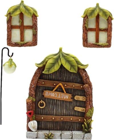 Sprookjesachtige Deur en Raam Set voor Tuin, Glow in the Dark Decoratie voor Miniatuur Fairy Garden, Betoverende Buiten Ornamenten en Sculpturen
