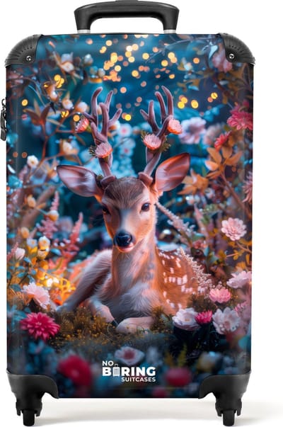 NoBoringSuitcases.com® - Kinderkoffer - Kindertrolley - Hert met groot gewei tussen bloemen en lichtjes - Handbagage koffer lichtgewicht - Reiskoffer trolley - Rolkoffer met wieltjes - Past binnen 55x40x20 en 55x35x25