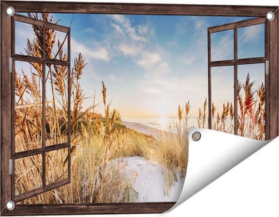 Gards Tuinposter Doorkijk Strand en Zee vanuit Duinen met Zonsondergang - 60x40 cm - Tuindoek - Tuindecoratie - Wanddecoratie buiten - Tuinschilderij