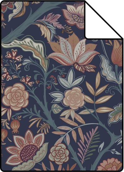 Proefstaal ESTAhome behang vintage bloemen donkerblauw en terracotta bruin - 26.5 x 21 cm - 131335-S