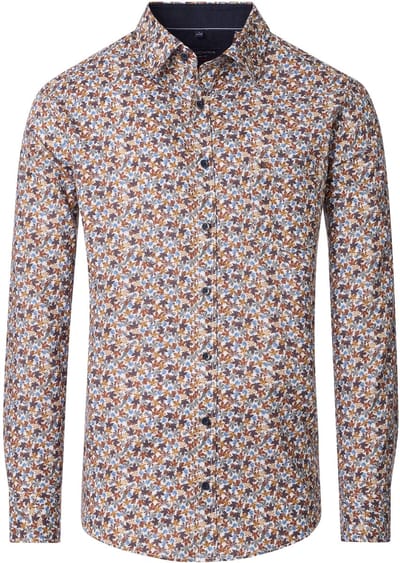 CASA MODA Sport casual fit overhemd - twill - wit met blauw en bruin blaadjes dessin - Strijkvriendelijk - Boordmaat: 45 - 46