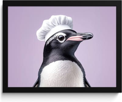 Fotolijst inclusief poster - Posterlijst 40x30 cm - Posters - Pinguïn - Koksmuts - Lief - Paars - Foto in lijst - Keuken decoratie muur - Wanddecoratie accessoires - Muurdecoratie - Schilderijen