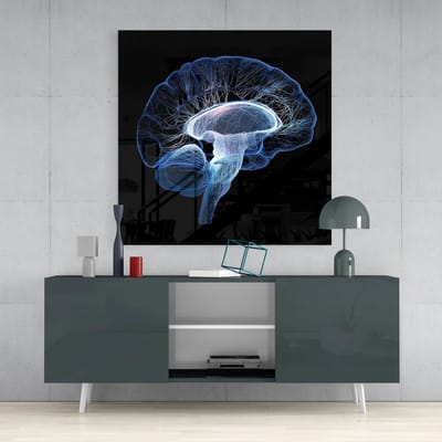 Glasschilderij Vierkant – Abstract Neuraal Brein – Moderne Wanddecoratie – Zwart & Blauw - 40x40 cm