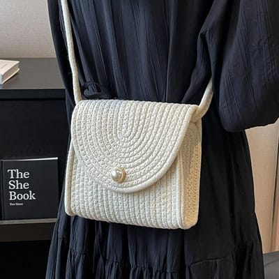 Nieuwe Zomer Stro Geweven Kleine Vierkante Tas Modieus en Veelzijdig Ins Stijl Crossbody Tas Geweven Katoenen Garen Handgemaakt Strandtas Vrouwen white