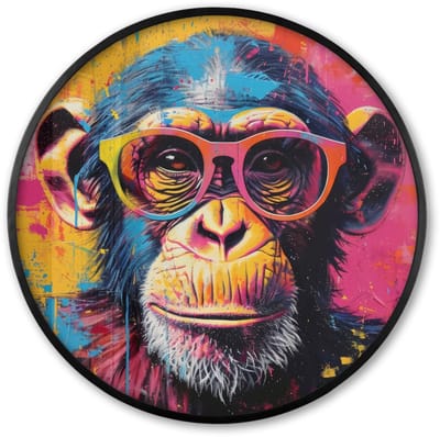 Poster in lijst Rond - Fotolijst 60x60 cm - Posters - Graffiti - Chimpansee - Aap - Bril - Kleurrijk - Ronde posterlijst zwart - Decoratie - Wanddecoratie woonkamer - Muurdecoratie slaapkamer