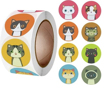 500 Stickers Op Rol - 2.5cm - Cartoon Kat - Beloningsstickers - Stickers Kinderen - Sluitsticker - Sluitzegel - 25mm - 500 Stuks