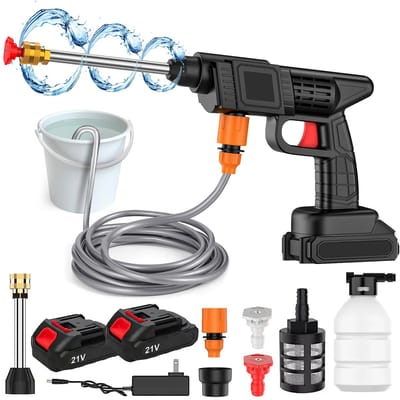 UFTA Drukreiniger - Draadloze Reiniger op Accu - Auto & Tuin - 21V 5600mAh - 50 Bar Druk - 3 Mondstukken & 2 Batterijen - Zwart