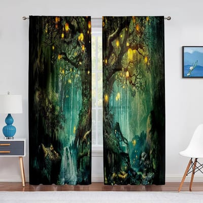 Bos Sprookjes Lantaarns en Fantasie Grote Boom Tule Gordijnen voor Woonkamer Slaapkamer Decoratie Chiffon Transparant Voile Gordijn 1 PCS W100XH250cm&Grommet Top