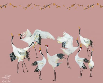 Behang staal Japanese Crane Dance roze