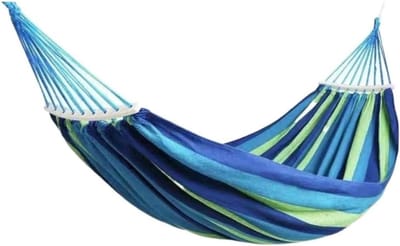 Draagbare kampeerhangmat, Outdoor draagbare opvouwbare canvas streep veelkleurige hangmat for campingtuin(D)