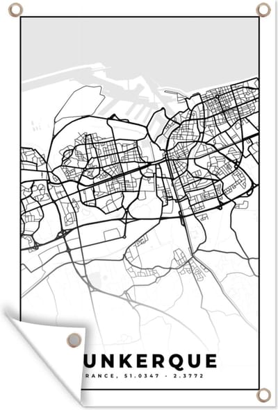 Muurdecoratie Frankrijk - Dunkerque - Kaart - Plattegrond - Stadskaart - Zwart wit - 120x180 cm - Tuinposter - Tuindoek