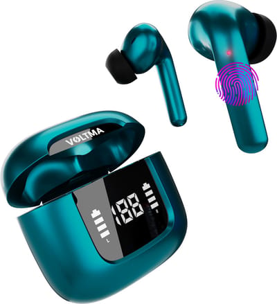 Voltma Bolt Action Draadloze Oordopjes - Oortjes draadloos - IPX5 waterdicht - ENC + ANC Noise Cancelling - Wireless Earbuds met 6 Microfoons En 45 Uur Speeltijd - Bluetooth Earpods met True Tone LED-display Compatibel met IOS en Android (Groen)