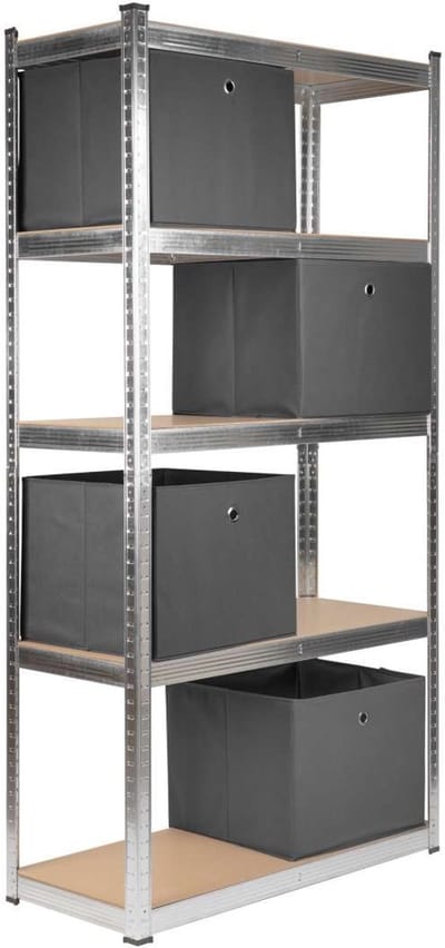 Feel Furniture - Schroefloos Opslagrek - 5 lagen - met 4 Grijze Boxen - Zilver