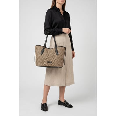 COCCINELLE Leren Shopper Schoudertas New Never Without Bag Bicolor Straw Handbag Multi Noir / Noir Beige