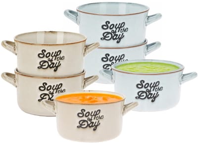 Soepkommen set - 6x - beige/lichtblauw - 500ml - porselein - met oren