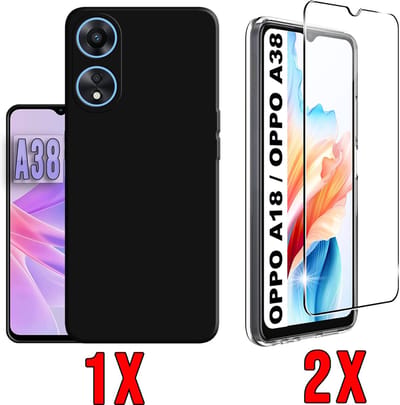 Casemania Hoesje Geschikt voor Oppo A18 & A38 Zwart & 2X Glazen Screenprotector - Siliconen Back Cover