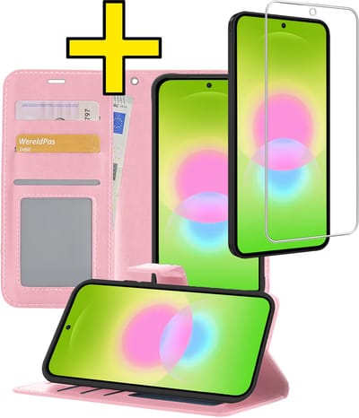 Hoesje - Met Screenprotector - Geschikt voor Samsung Galaxy A27 - Luxe Pasjeshouder - Bookcase Portemonee - Flip Case - Kunstleer Book Case - Flipcase - Book Cover - Walletcase - Portemonneehoes - Telefoonhoesjes - Lichtroze