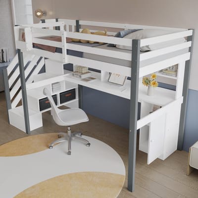 DESMIU Halfhoog Bed 90x200cm Zonder Matras Met Geintegreerd Bureau En Opbergkasten Voor Jeugd En Kinderkamer Houtstijl Wit Grijs