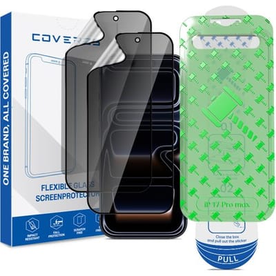 Coverzs Flexibel PMMA Glass Privacy Screenprotector met frame (2-pack) geschikt voor iPhone 17 Pro Max – Privacy Glas – Flexibel Glas – Beschermfolie met Montageframe – Premium Schermbescherming