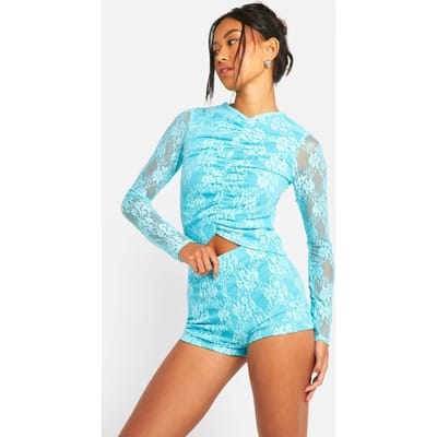 boohoo Dames Kanten top met geruched voorkant en lange mouwen | Blauw | Maat: 40
