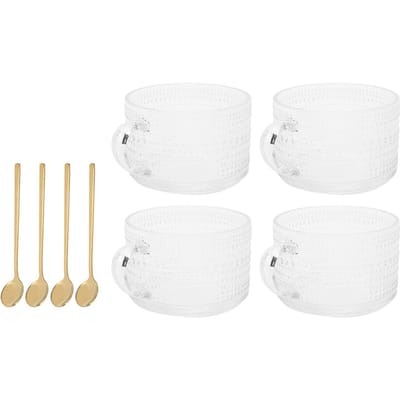 4 Pièces Tasse en Verre Style Nordique Relief Mug Petit Déjeuner Rétro Anse Transparent Eau Lait Latte Tasse à Thé 4 Pièces Vague L white