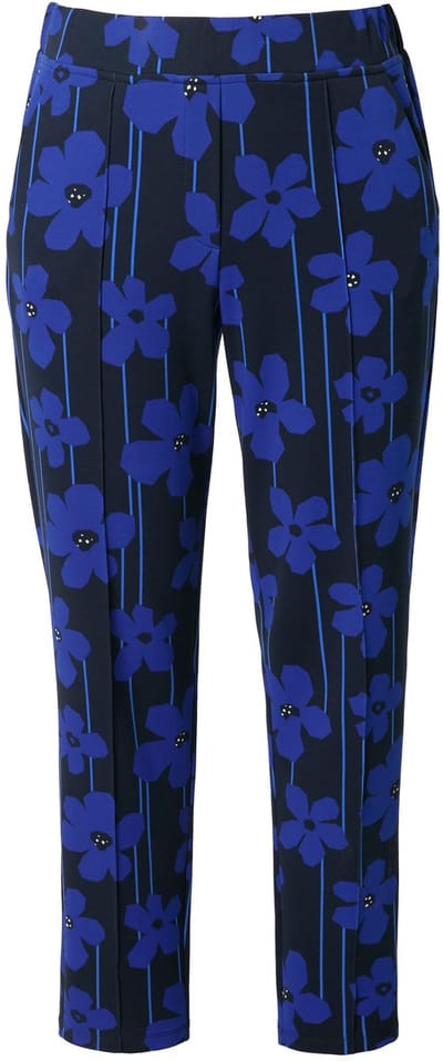 Ulla Popken - Dames - Punto broek bloemen smalle pijpen bies - Marine - Maat 44