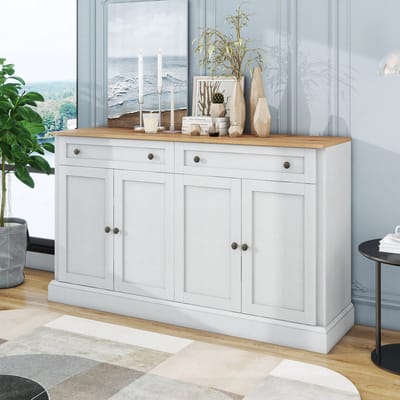 MEUNIQ dressoir 150 x 40 x 86 cm met 4 deuren en 2 lades, sideboard met 2 verstelbare planken voor eetkamer, woonkamer of slaapkamer, antiekwit en naturel