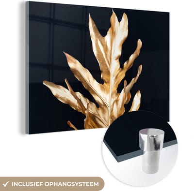MuchoWow® Glasschilderij 150x100 cm - Schilderij acrylglas - Bladeren - Goud - Herfst - Natuur - Luxe - Foto op glas - Schilderijen
