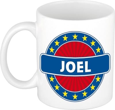 Bellatio Decorations - Joel voornaam - koffiemok - beker - wit/blauw - 300 ml - Cadeau - Heren - Collega - Vaderdag - Verjaardag