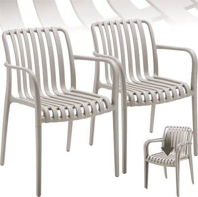 tectake® Set van 2 Tuinstoelen Alcudia - Taupe - Kunststof Stoelen met Armleuning - Tuinset voor om de Tuintafel of op de Camping Stapelbaar - Stoelen voor Tuin, Terras of Balkon - Weerbestendig en UV-bestendig - Draagkracht 120kg per Tuinstoel